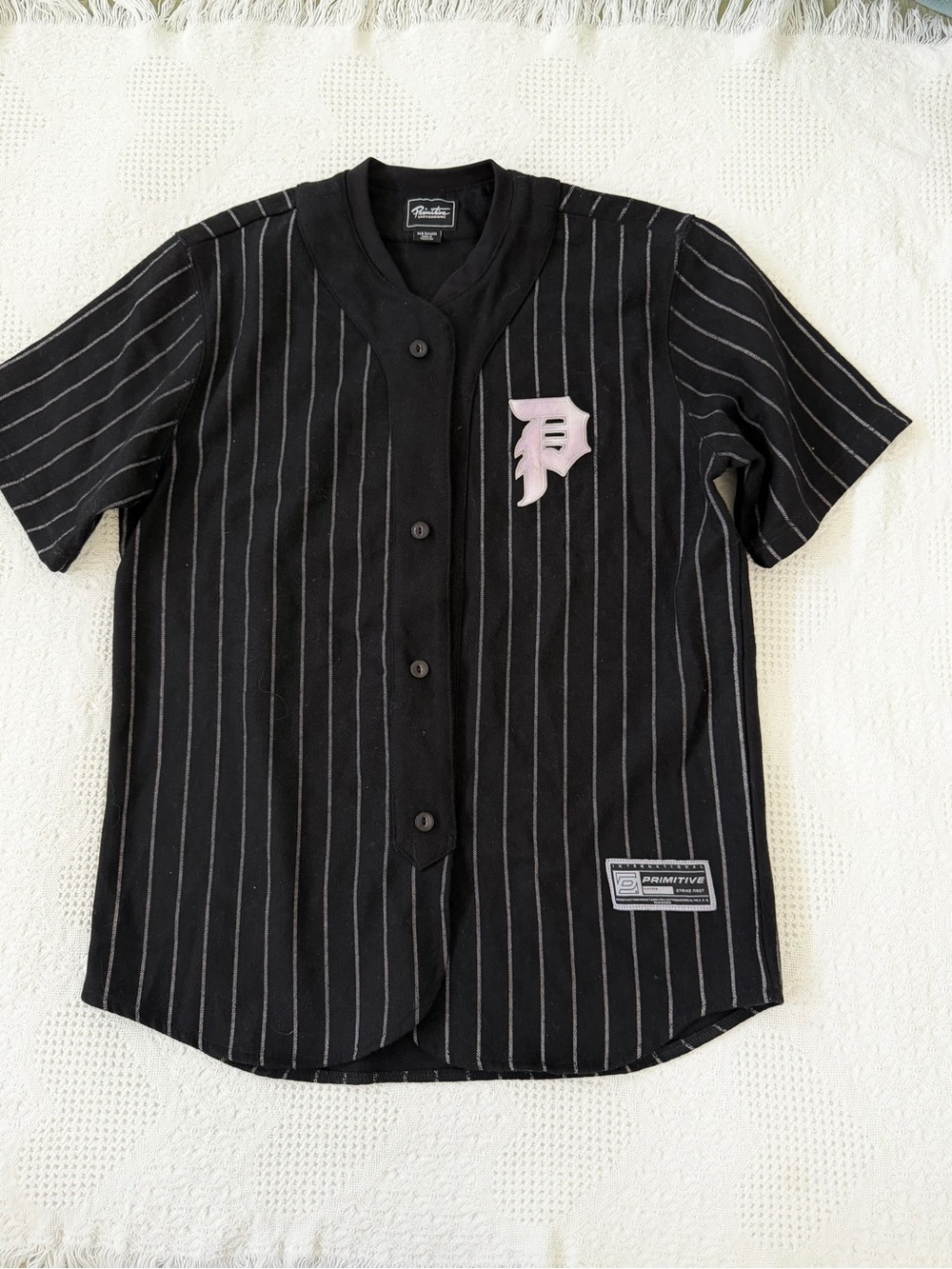 Primitive Black Pinstripe Baseball Jersey with Light Pink 'P' Patch